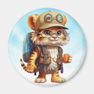 Glatt Tiger Unge med ryggsäck och kaffe Magnet