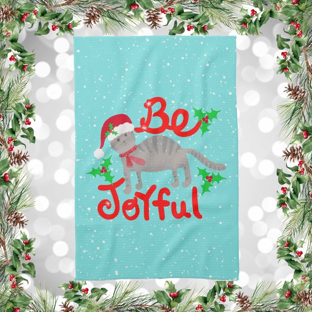 Glatt utformning av den heliga tomatkatten kökshandduk (Be Joyful Santa Cat and Holly Berries Kitchen Towel)