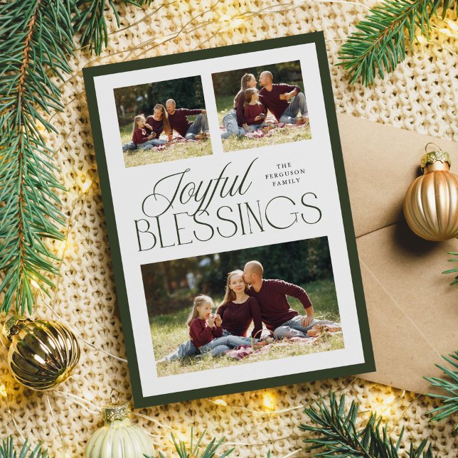 Glatt välsignelse Religiösan jul, 3-foto-Grönt Julkort (joyful blessings religious Christmas 3-photo card in green)