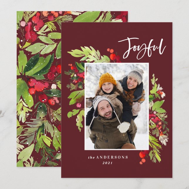 Glatt vattenfärg botaniskt 1 foto jul julkort (Fram/baksida)