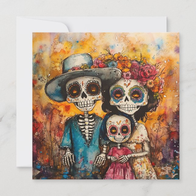 Glatta familjen Dia de los Muertos Firande Inbjudningar (Framsida)