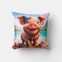 "Glatta grisar i Lera Bath - Whimsical Farm Art" Kudde