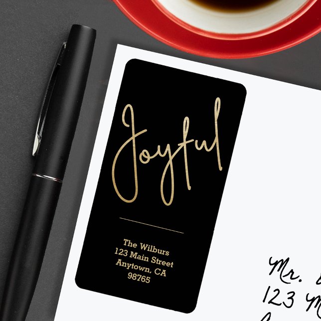 GLATTA Guld Faux Foil Black jul Adress Adressetikett (JOYFUL Faux Gold Foil on Black Return Address Labels)