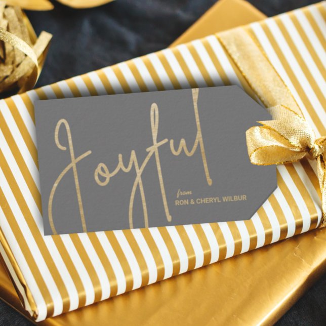 GLATTA Guld Faux Foil Grått Presentetikett (Gold JOYFUL text in fancy script on gray Christmas gift/favor tags personalized with your names)