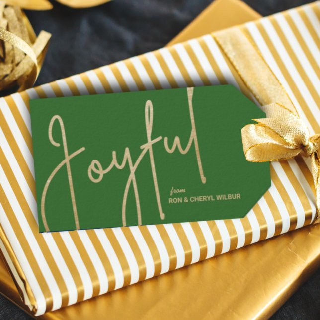 GLATTA Guld Faux Foil Grönt Gift-Märkre Presentetikett (Gold JOYFUL text in fancy script on green Christmas gift/favor tags personalized with your names)