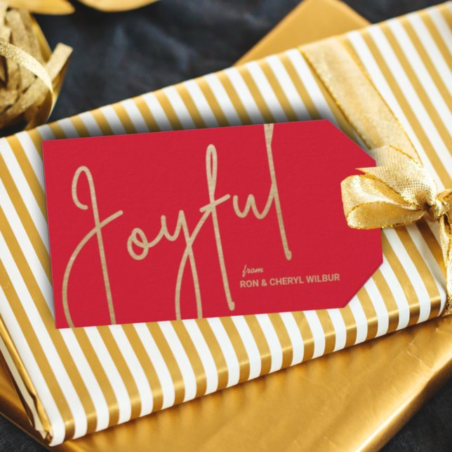 GLATTA Guld Faux Foil Red Gift-Märkre Presentetikett (Gold JOYFUL text in fancy script on red Christmas gift/favor tags personalized with your names)