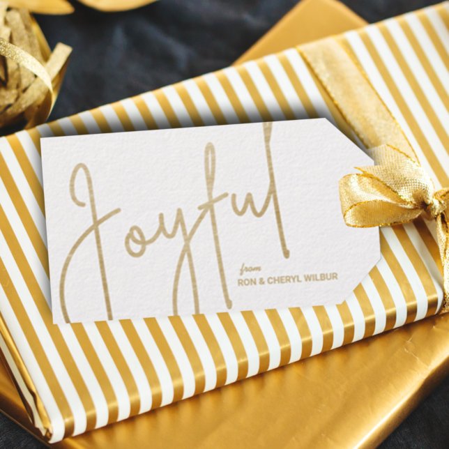 GLATTA Guld Faux Foil White Presentetikett (Gold JOYFUL text in fancy script on white Christmas gift/favor tags personalized with your names)