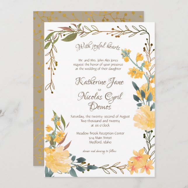 Glatta gyllene Blommar Inbjudningar (Fram/baksida)