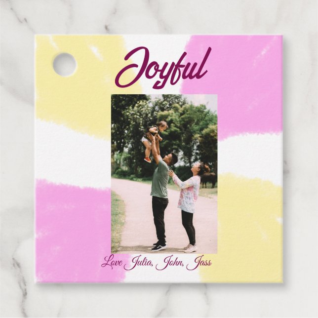 glatta helgdagar i rosa gult, fotofamiljretro gåvor etiketter (Framsida)