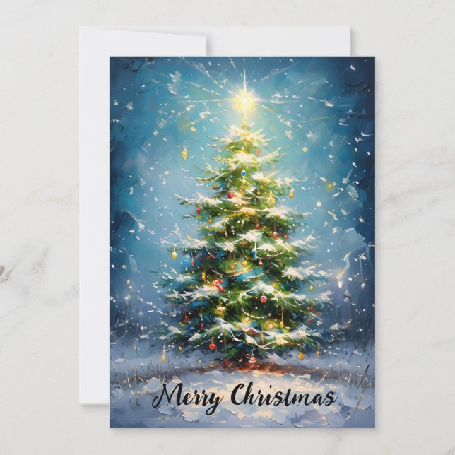 Glatta Julgran i ett Snowy Fält - oljefärg Julkort (Framsida)