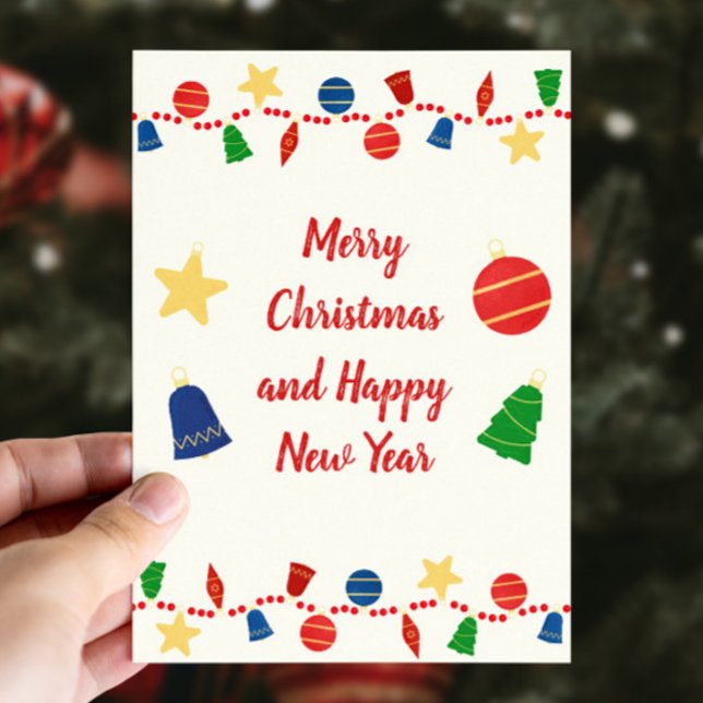 Glatta julprydnader julkort (Cute retro custom Christmas card with vintage Christmas ornaments and red beaded garland)