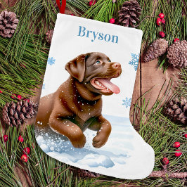 Glatta Labrador Retriever Puppy Hund Snöflingor Liten Julstrumpa
