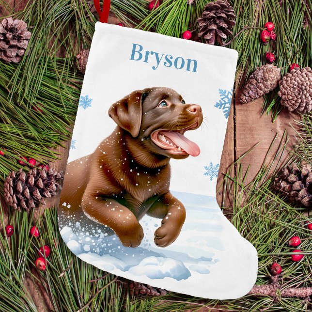 Glatta Labrador Retriever Puppy Hund Snöflingor Liten Julstrumpa (Skapare uppladdad)