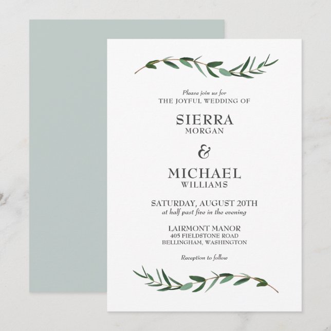 Glatta Modern Botaniska Bröllop Inbjudningar (Fram/baksida)
