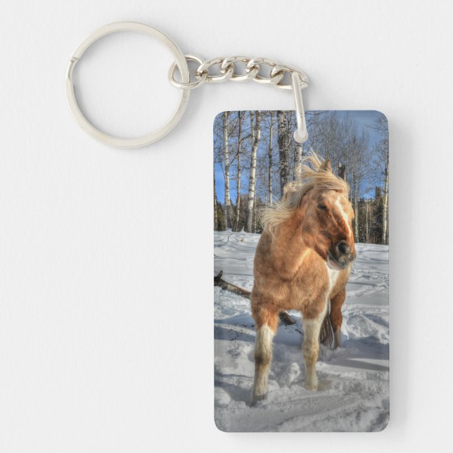 Glatta Palomino Pinto Horse och Snö Nyckelring (Framsidan)