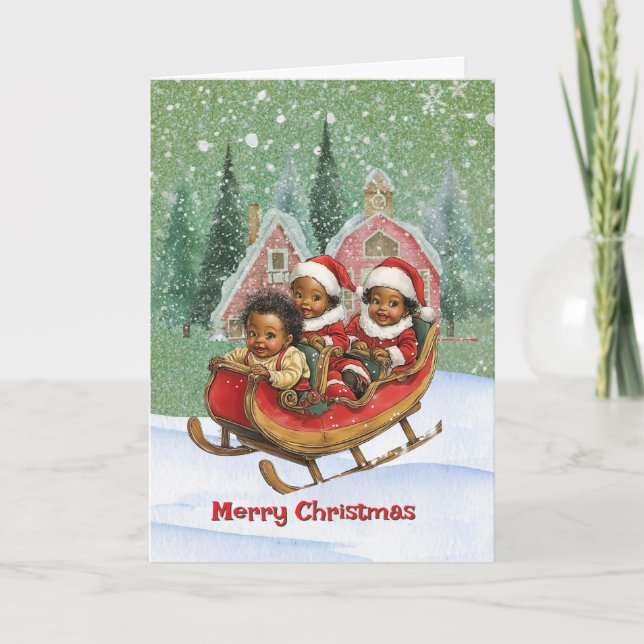Glatta Sleigh Ride African American Kids Helgkort (Framsida)