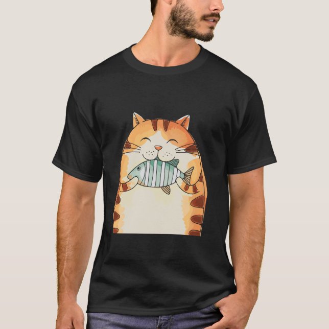 Glattande katt som kramar fisk kul t shirt (Framsida)
