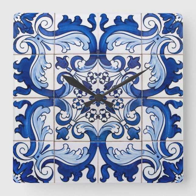 Glazed Tiles Portugisiska Azulejo Stil Fyrkantig Klocka (Framsida)