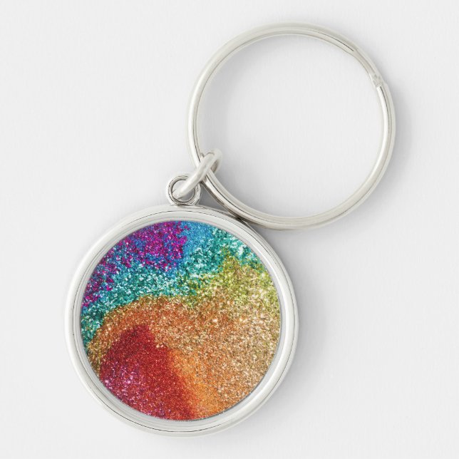 Gleaming Rainbow Glitter Swirl Rund Silverfärgad Nyckelring (Framsidan)
