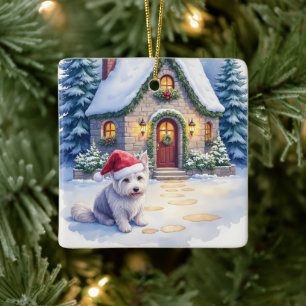 Glen of Imaal Terrier Snöig stuga Santa hatt Julgransprydnad Keramik
