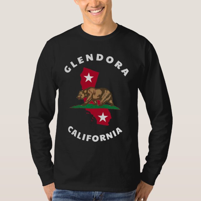 Glendora California CA Flag and Bear Badge Souveni T Shirt (Framsida)