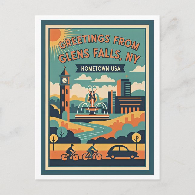Glens Falls NY Hometown USA Retro Resor Vykort (Framsida)