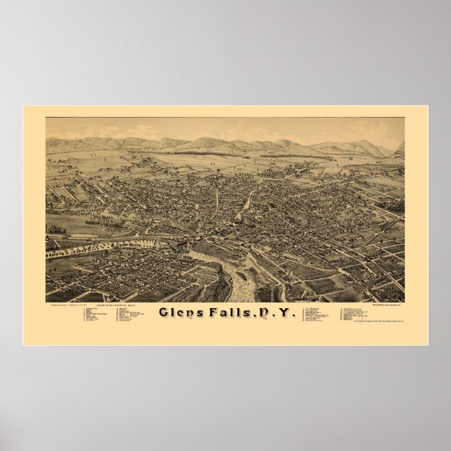 Glens Falls, NY Panoramic Karta - 1884 Poster (Framsidan)