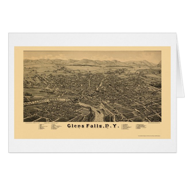Glens Falls panorama- karta för NY - 1884 Hälsningskort (Framsidan Horizontal)