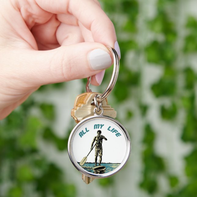 Glide, rid och surfa på sup-padlar rund silverfärgad nyckelring (Hand)