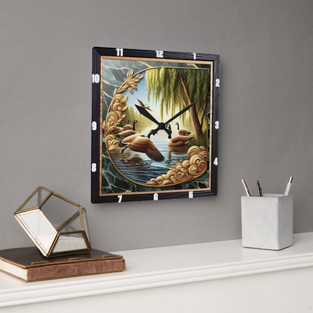 Gliding Geese Rustic River Fyrkantig Klocka (Kontor)