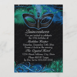 Glimmer Blå & Grön Maskerad Quinceanera Inbjudningar
