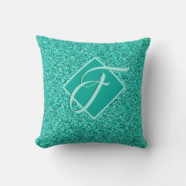 Glimmer Glam Turkos Blå Glitter Monogrammerad Kudde (Framsida)
