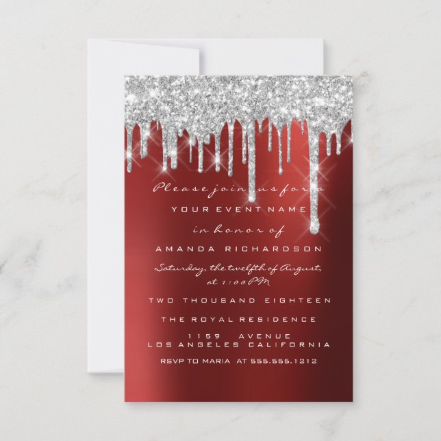 Glimmer Glitter Dropar Silver Röd Bröllop Sweet 16 Inbjudningar (Framsida)