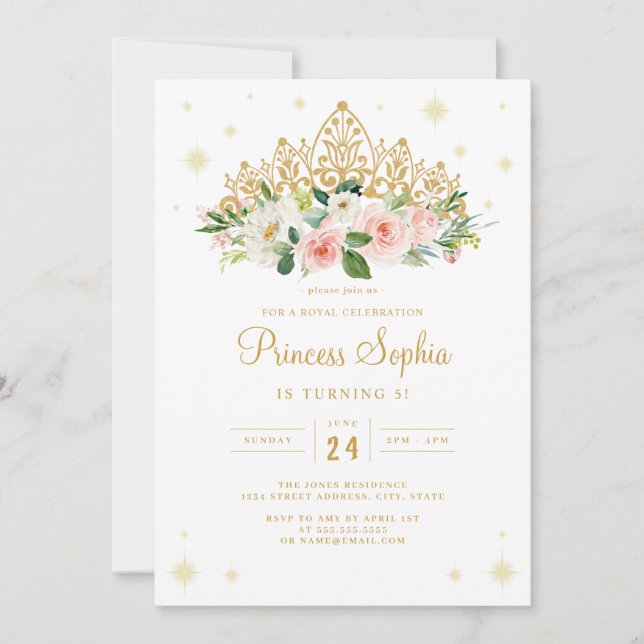 Glimmer Prinsessa Blommig Tiara Födelsedag Inbjudningar (Framsida)