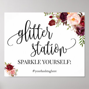 Glimmer stationsskylt marsala blombröllopsdusch poster