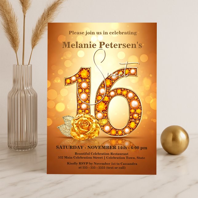 Glimmering Amber Gemstone Golden Ro Sweet 16 Inbjudningar (Skapare uppladdad)