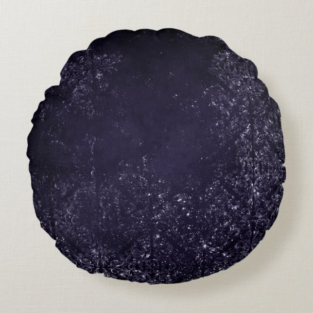 Glimmery Indigo Grunge | Lila Damask vid midnatt Rund Kudde (Framsidan)