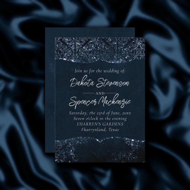 Glimmery Navy Grunge | Mörk Sapphire Blue Damask Inbjudningar (Skapare uppladdad)