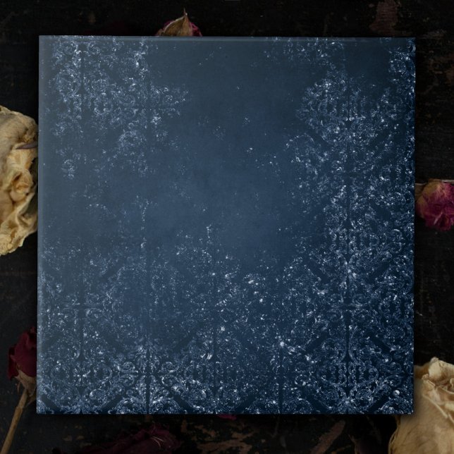 Glimmery Navy Grunge | Mörk Sapphire Blue Damask Kakelplatta (Skapare uppladdad)