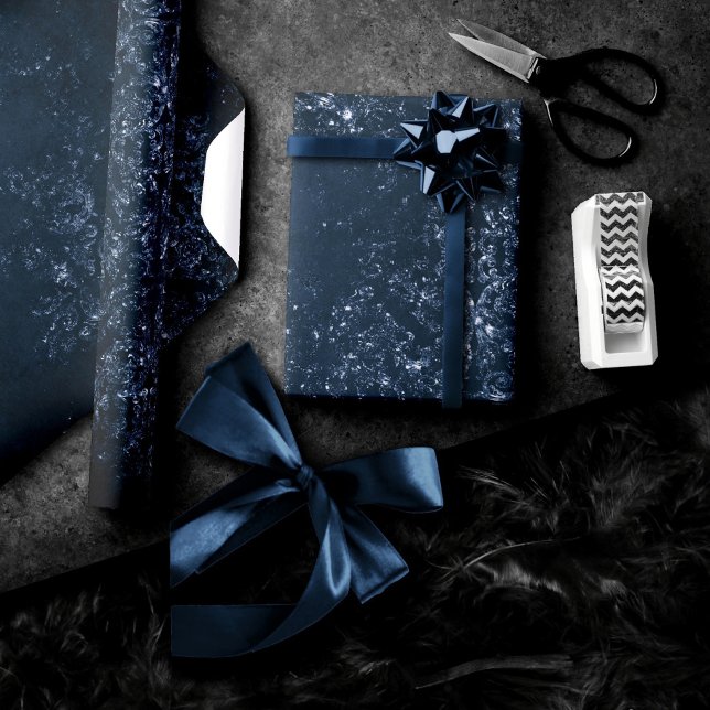 Glimmery Navy Grunge | Mörk Sapphire Blue Damask Presentpapper (Skapare uppladdad)