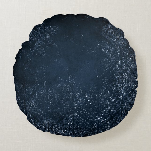 Glimmery Navy Grunge | Mörk Sapphire Blue Damask Rund Kudde (Framsidan)