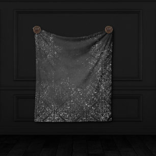 Glimmery Onyx Grunge   Silvery Black Glam Damask Fleecefilt