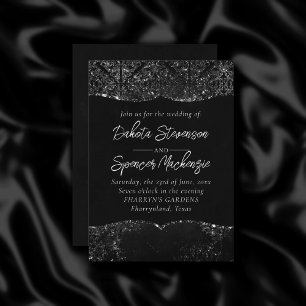 Glimmery Onyx Grunge   Silvery Black Glam Damask Inbjudningar