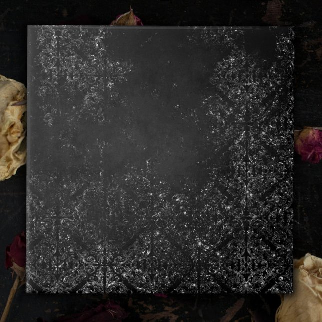 Glimmery Onyx Grunge | Silvery Black Glam Damask Kakelplatta (Skapare uppladdad)