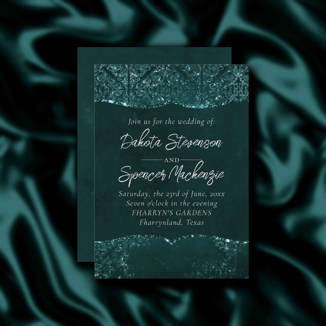 Glimmery Teal Grunge | Rik Mörk grönt Glam Damask Inbjudningar (Skapare uppladdad)
