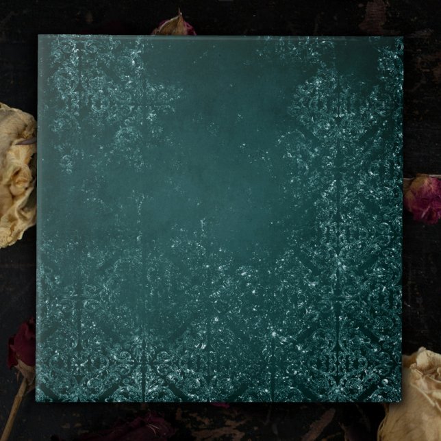 Glimmery Teal Grunge | Rik Mörk grönt Glam Damask Kakelplatta (Skapare uppladdad)