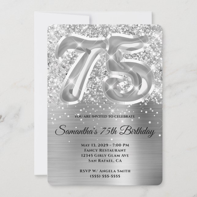 Glimrande glitter silver glam 75-årsdag inbjudningar (Framsida)