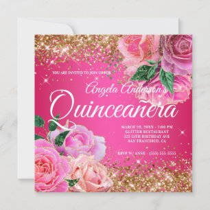 Glimrande guld glitter rosa ros glam Quinceañera Inbjudningar