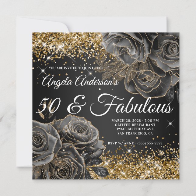 Glimrande guld glitter svart ros glam 50 & fantast inbjudningar (Framsida)