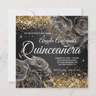 Glimrande guld glitter svart ros glam Quinceañera Inbjudningar